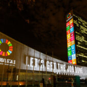 The 17 UN Sustainable Development Goals projected on the Secretariat building