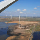 An airplane flying over an onshore wind farm in southern Ukraine