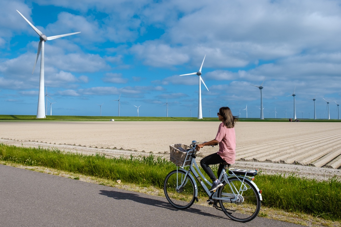 Windmills in the Dutch province of Flevoland Noordoostpolder.